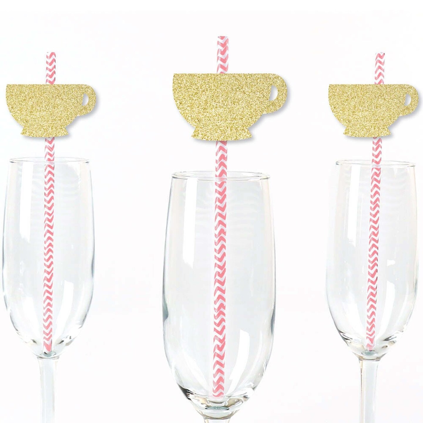 Big Dot of Happiness Gold Glitter Tea Cup Party Straws - No-Mess Real Gold Glitter Cut-Outs and Decorative Garden Tea Party Paper Straws - Set of 24