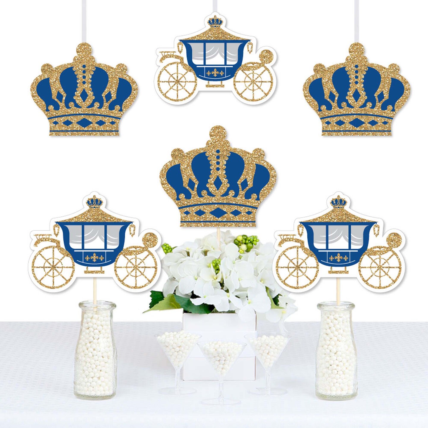 Big Dot of Happiness Royal Prince Charming - Crown & Carriage Decorations DIY Baby Shower or Birthday Party Essentials - Set of 20