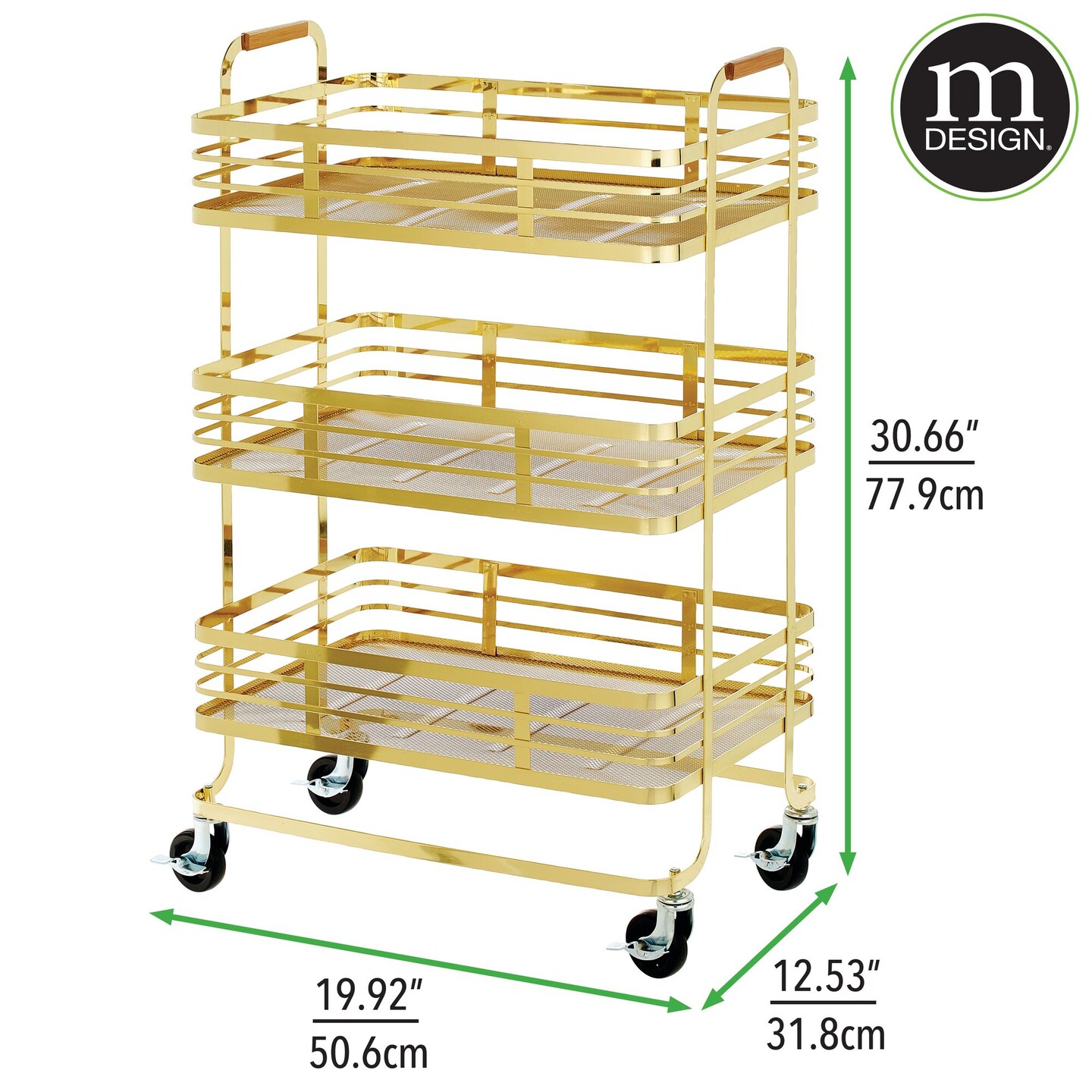 mDesign Metal 3-Tier Rolling Storage Shelf Cart with Wheels, Soft Brass/Natural