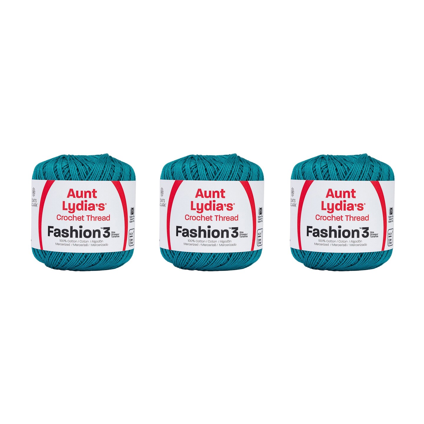 Aunt Lydia Fashion Warm Teal Crochet - 3 Pack of 150y/137m - Cotton - Gauge 3 - Crochet