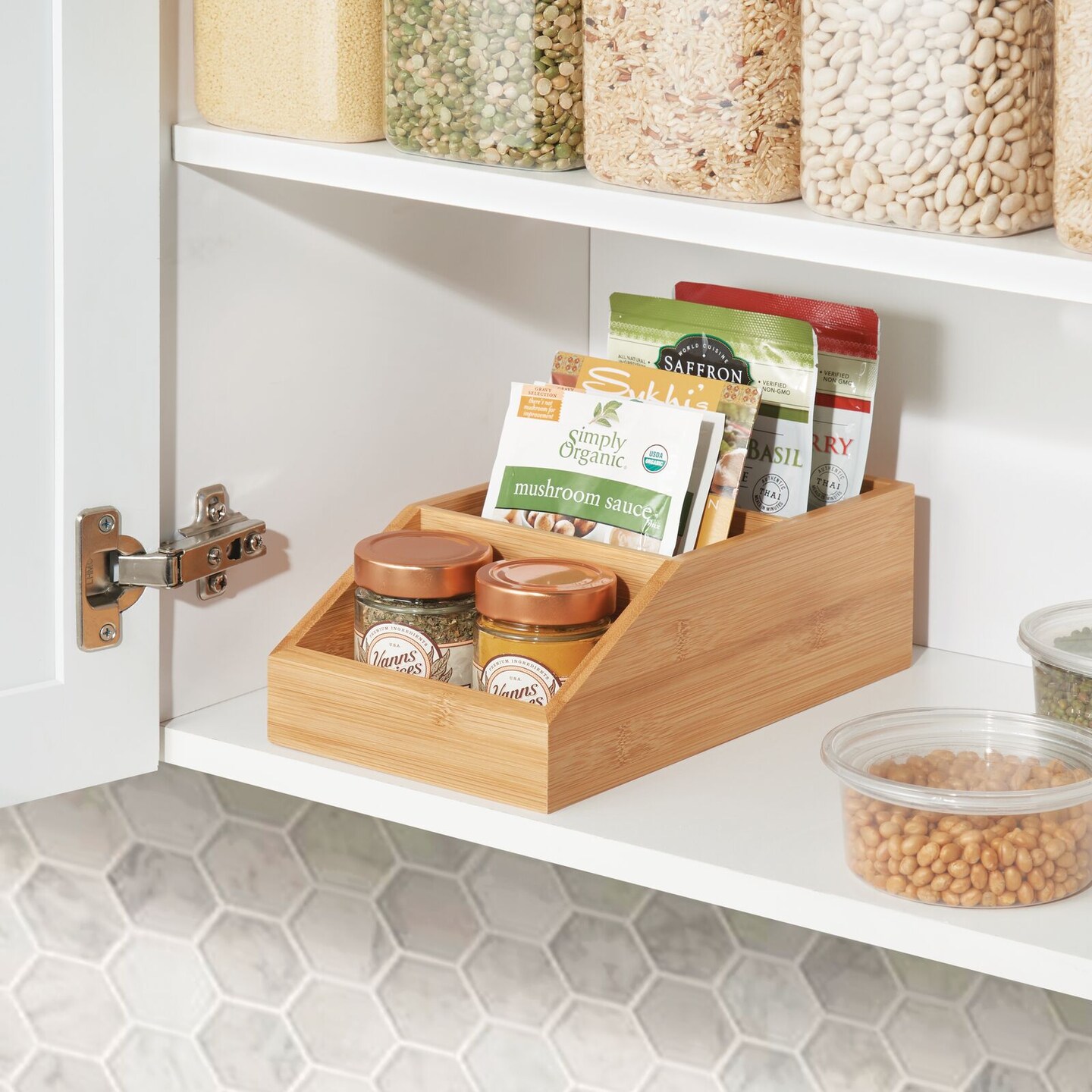 mDesign Bamboo Wood Kitchen Pantry Food Storage Divided Bin
