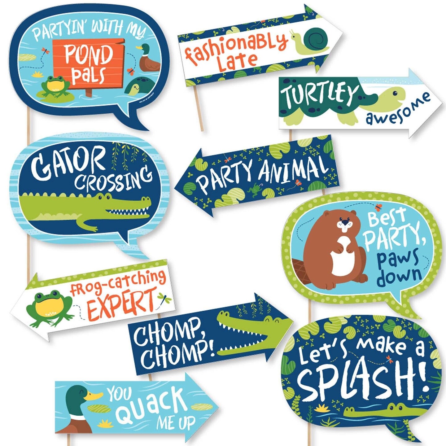 Big Dot of Happiness Funny Pond Pals - Frog, Alligator, Turtle, Beaver and Duck Birthday Party or Baby Shower Photo Booth Props Kit - 10 Piece
