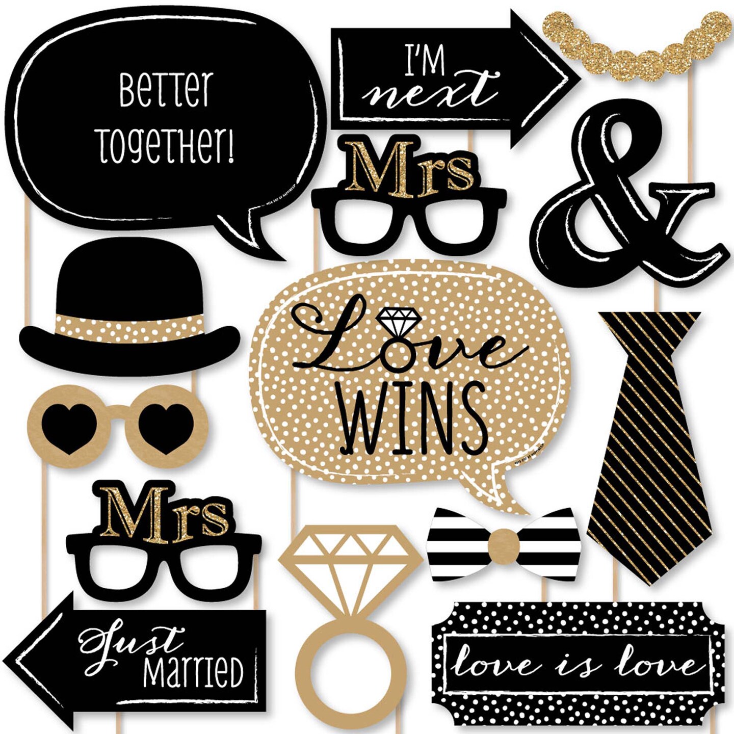 Big Dot of Happiness Mrs. and Mrs. - Gold - Lesbian Wedding Photo Booth Props Kit - 20 Count