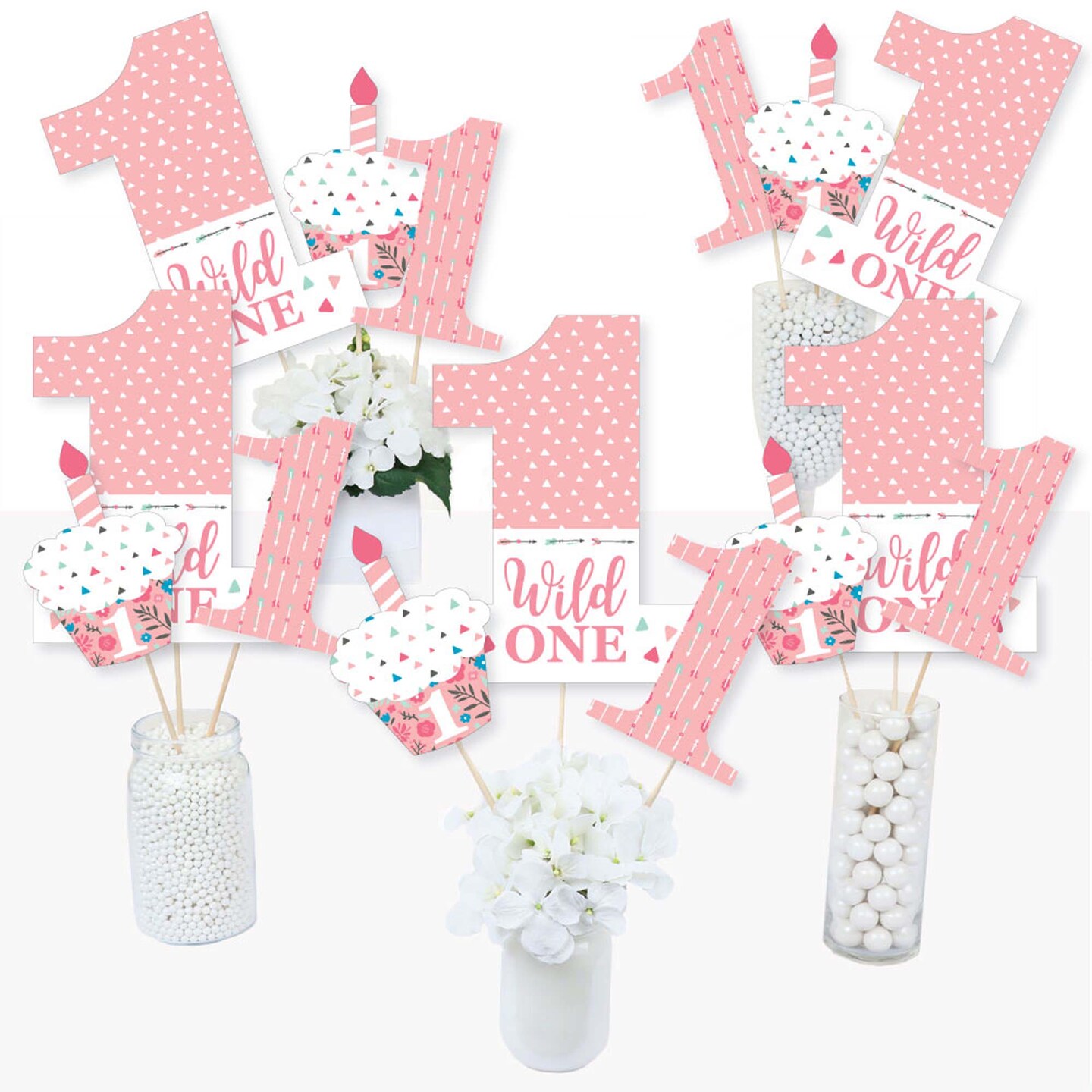 Big Dot of Happiness She's a Wild One - Boho Floral 1st Birthday Party Centerpiece Sticks - Table Toppers - Set of 15