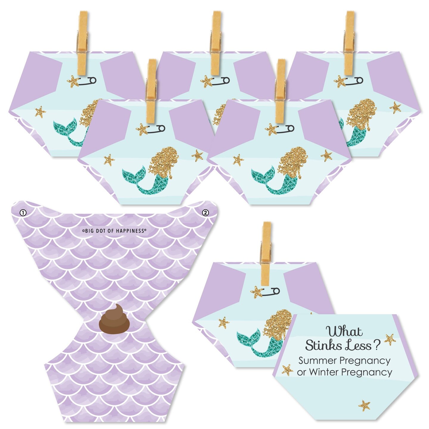 Big Dot of Happiness Let&#x27;s Be Mermaids - Baby Shower Conversation Starter - 2-in-1 Dirty Diaper Game - Set of 24