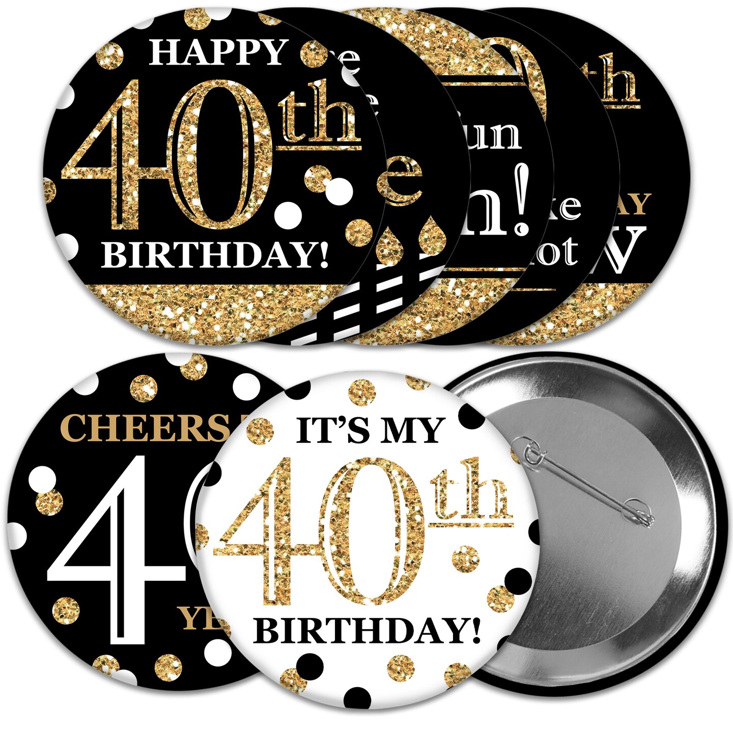 Big Dot of Happiness Adult 40th Birthday - Gold - 3 inch Birthday Party Badge - Pinback Buttons - Set of 8