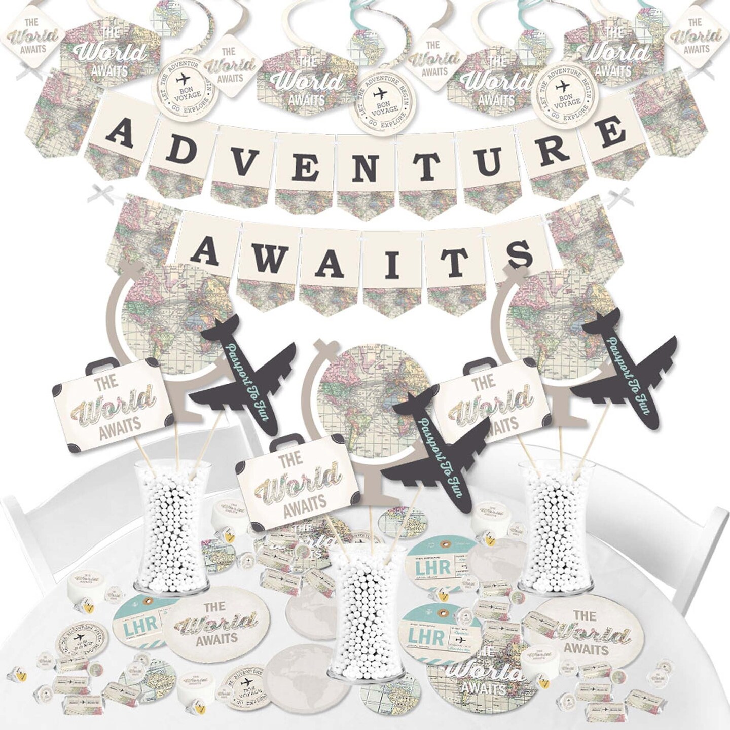 Big Dot of Happiness World Awaits - Travel Themed Graduation and Retirement Party Supplies - Banner Decoration Kit - Fundle Bundle