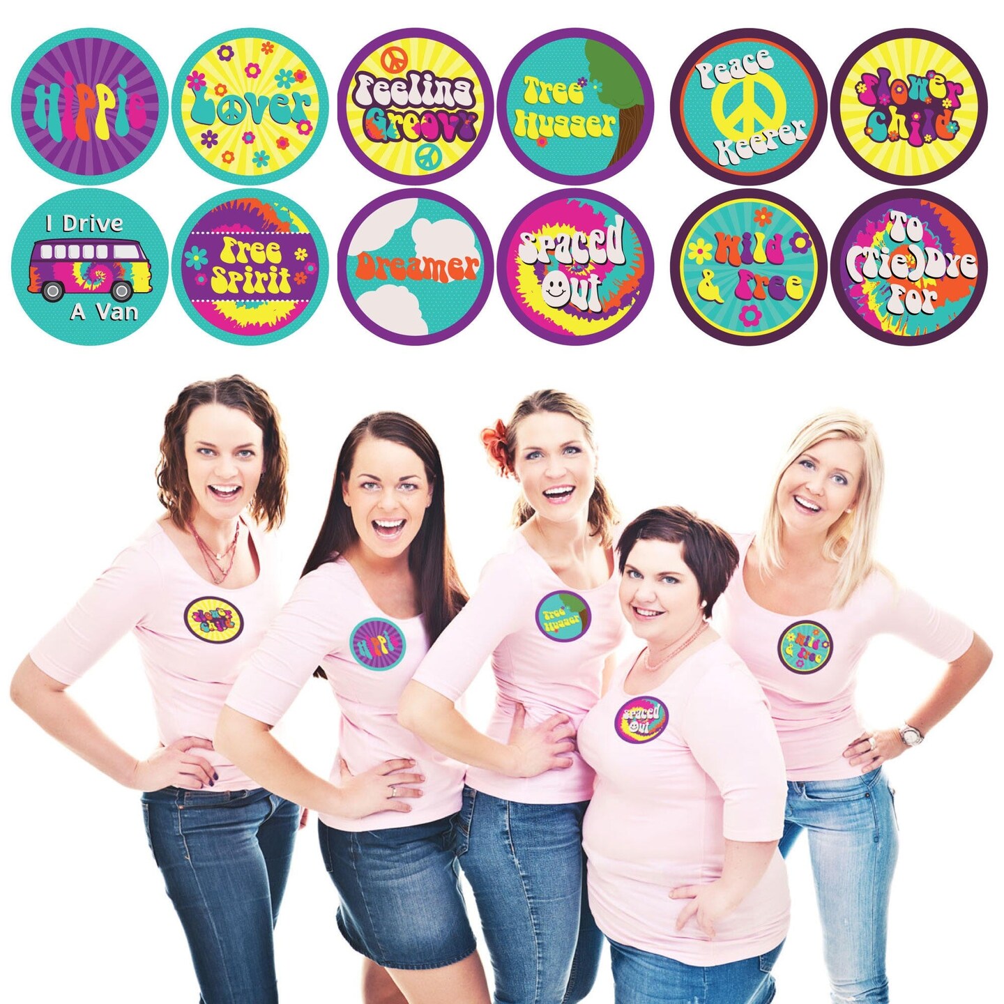 Big Dot of Happiness 60&#x27;s Hippie - 1960s Groovy Party Funny Name Tags - Party Badges Sticker Set of 12