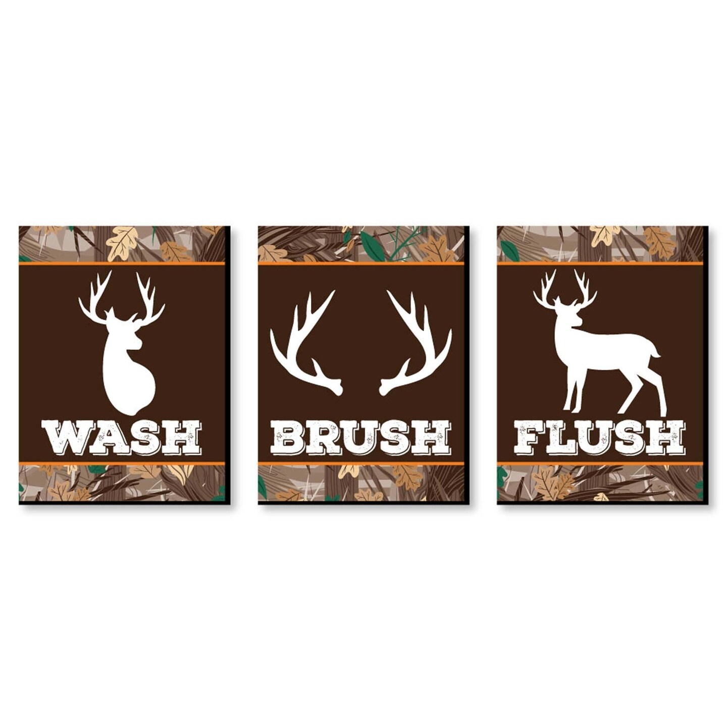 Big Dot of Happiness Gone Hunting - Kids Bathroom Rules Wall Art - 7.5 x 10 inches - Set of 3 Signs - Wash, Brush, Flush