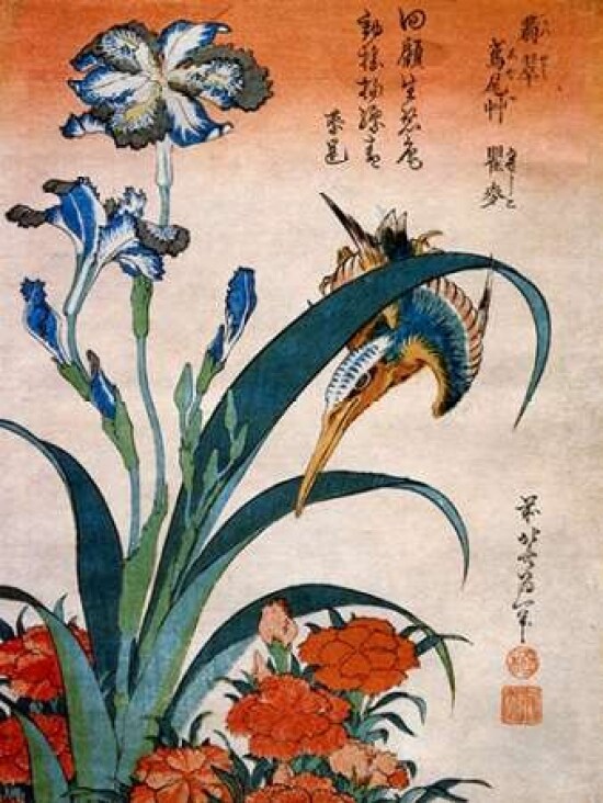 Kingfisher With Irises And Wild Pinks Poster Print by Hokusai