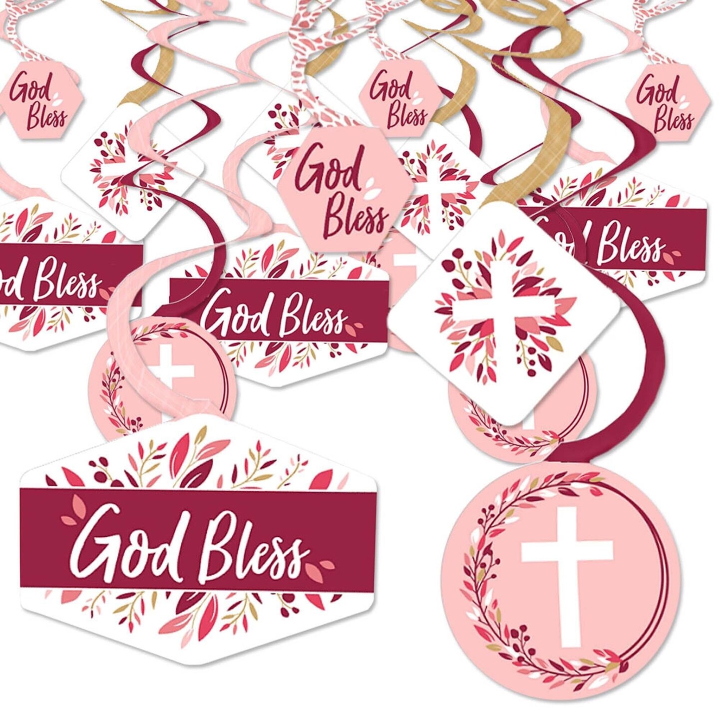 Big Dot of Happiness Pink Elegant Cross - Girl Religious Party Hanging Decor - Party Decoration Swirls - Set of 40