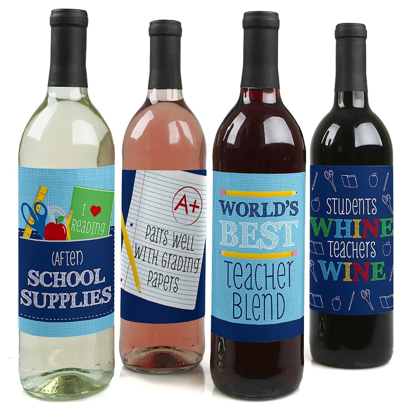 Big Dot of Happiness Funny Colorful - Teacher Appreciation First and Last Day of School or Christmas Gift - Wine Bottle Label Stickers - Set of 4
