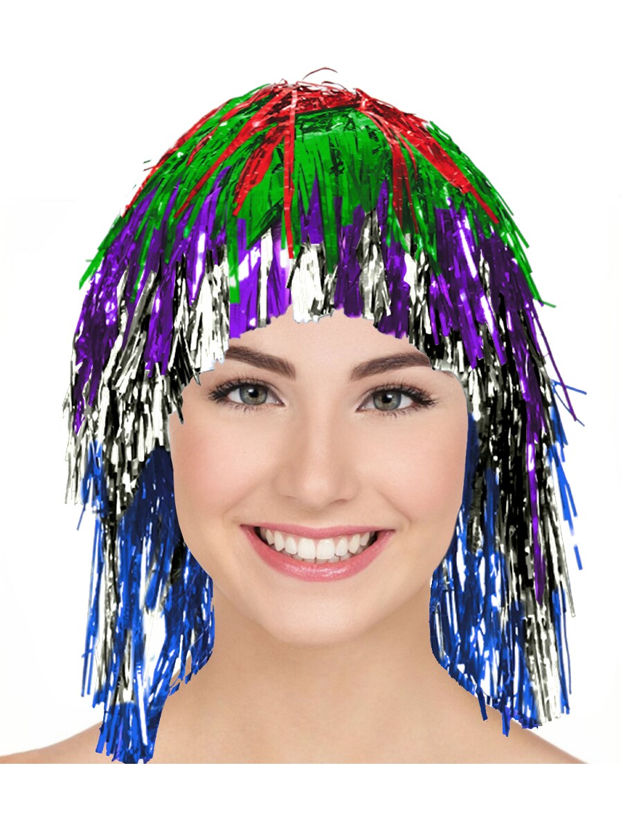 Adult s Rainbow Tinsel Party Wig Costume Accessory