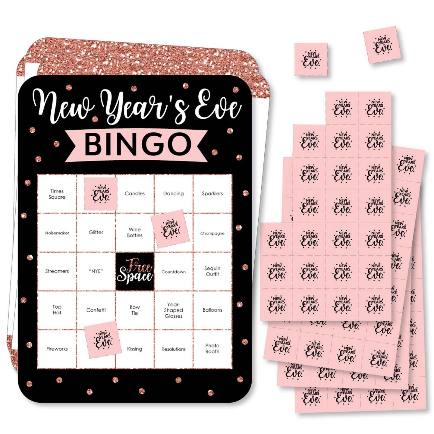 Big Dot of Happiness Rose Gold Happy New Year - Bar Bingo Cards and Markers - New Year&#x27;s Eve Party Bingo Game - Set of 18