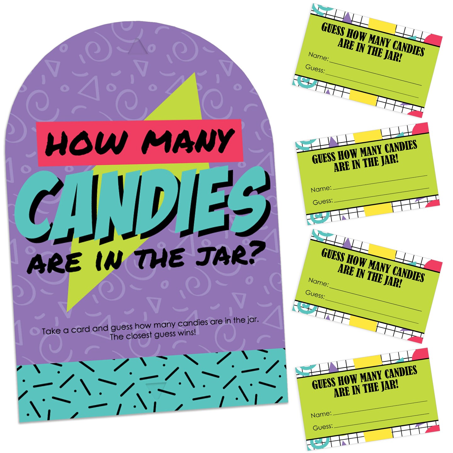 Big Dot of Happiness 90&#x2019;s Throwback - How Many Candies 1990s Party Game - 1 Stand and 40 Cards - Candy Guessing Game