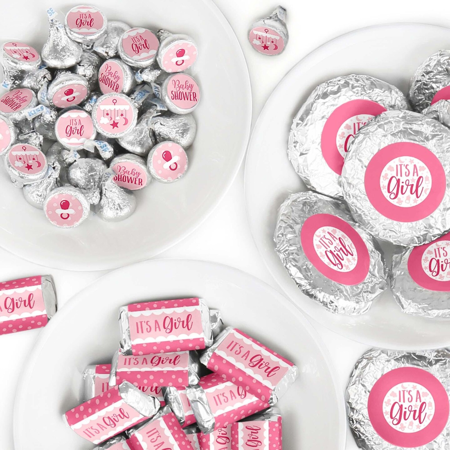Big Dot of Happiness It's A Girl - Mini Candy Bar Wrappers, Round Candy Stickers & Circle Stickers - Pink Baby Shower Candy Favor Sticker Kit -304 Pcs