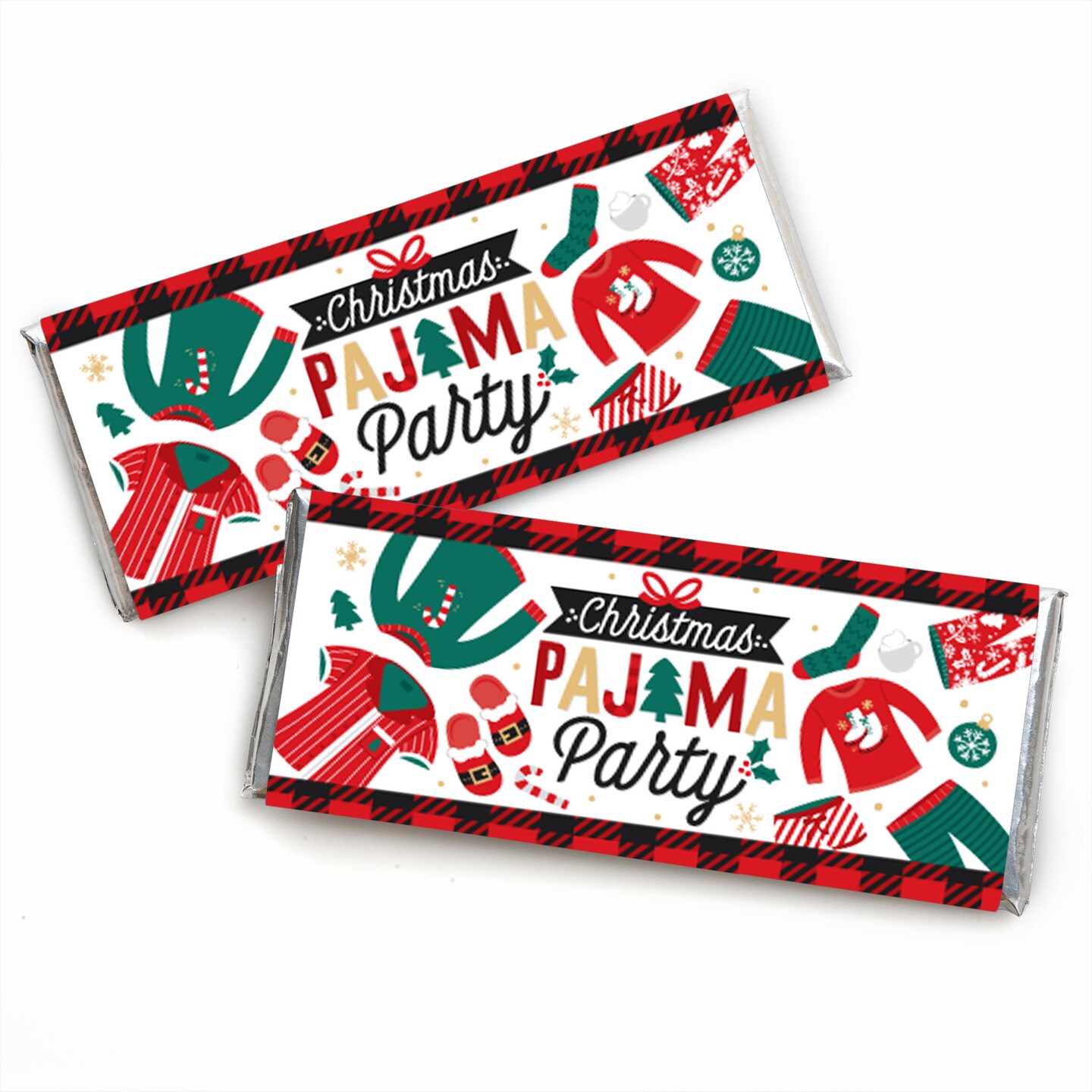 Big Dot of Happiness Christmas Pajamas - Candy Bar Wrapper Holiday Plaid PJ Party Favors - Set of 24
