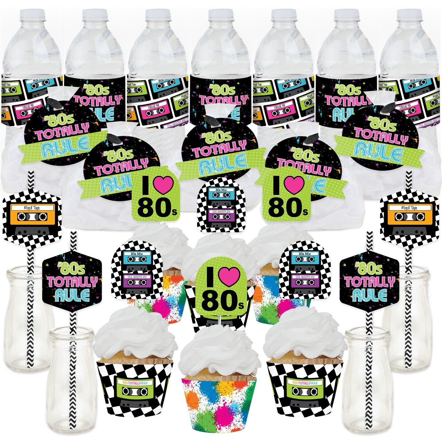 Big Dot of Happiness 80&#x2019;s Retro - Totally 1980s Party Favors and Cupcake Kit - Fabulous Favor Party Pack - 100 Pieces