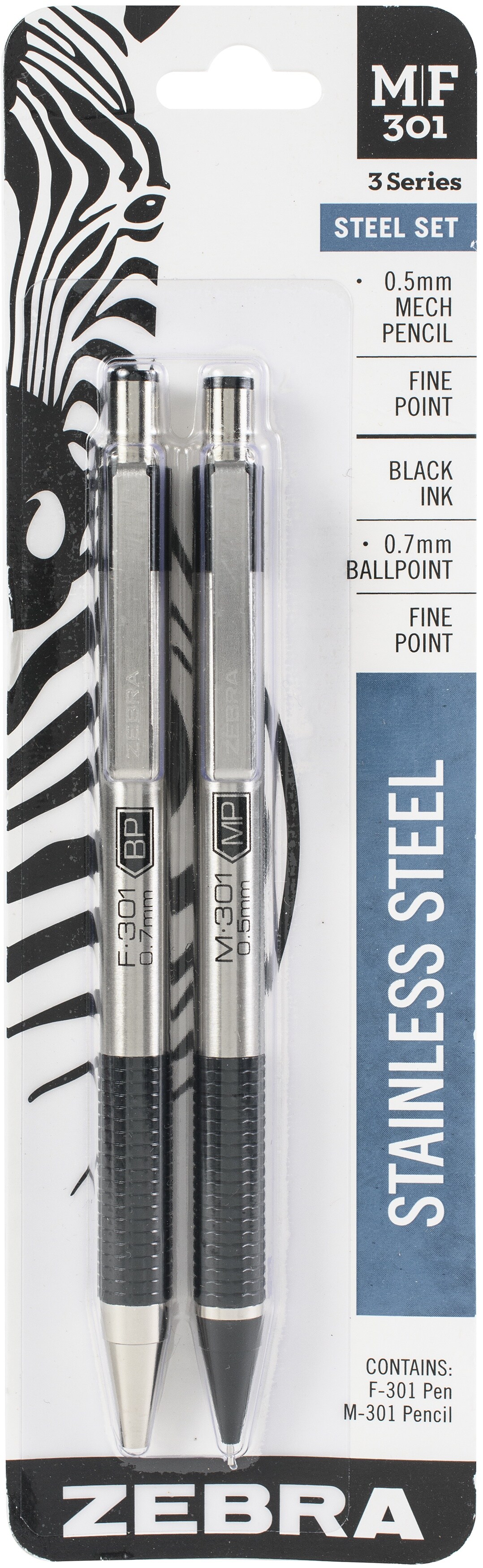 Zebra M/F 301 Stainless Steel Pen & Pencil Set 2/Pkg-Pen 0.7mm & Mechanical Pencil 0.5mm