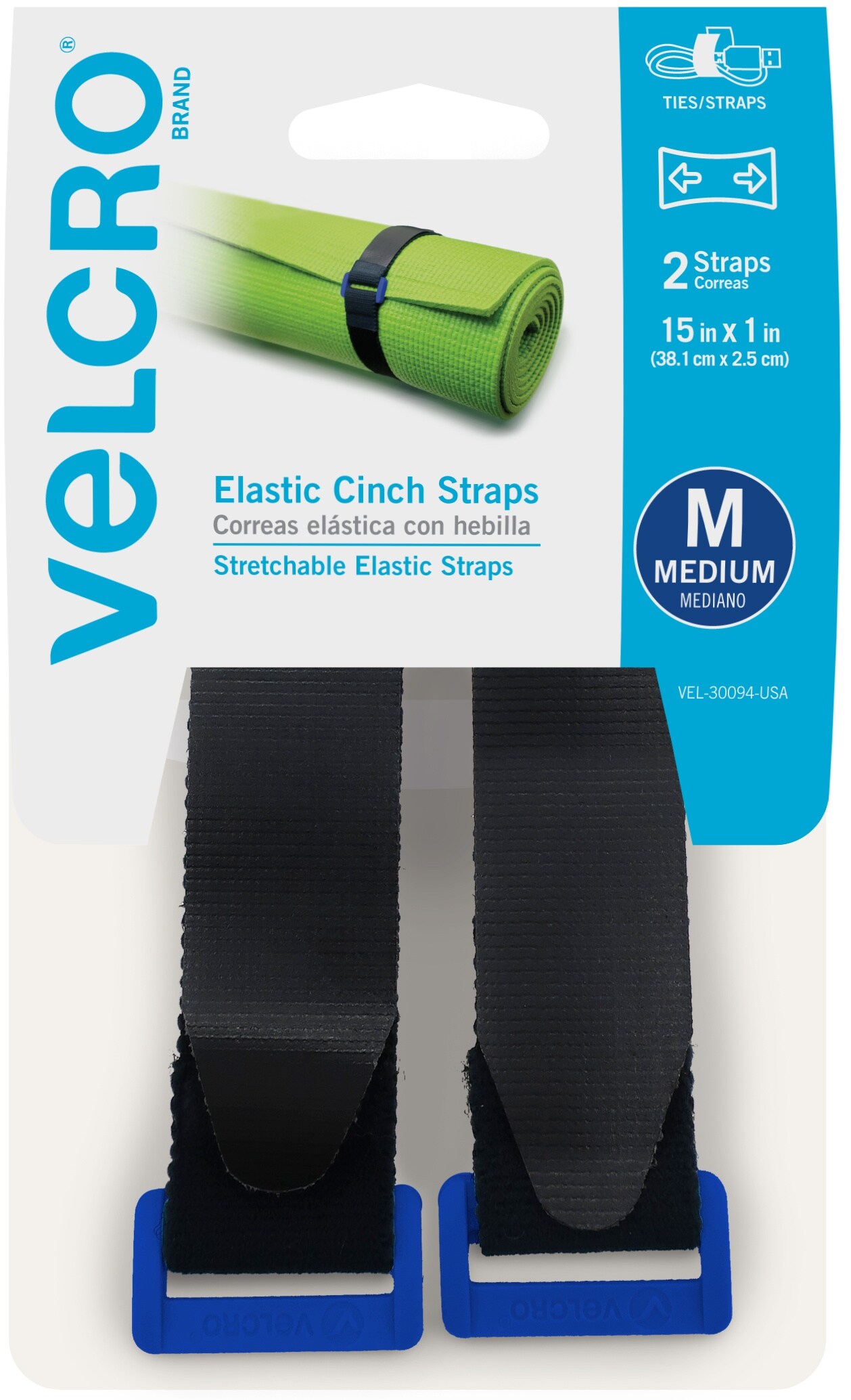 VELCRO(R) Brand Elastic Cinch Strap 15"X1" 2/Pkg-Black