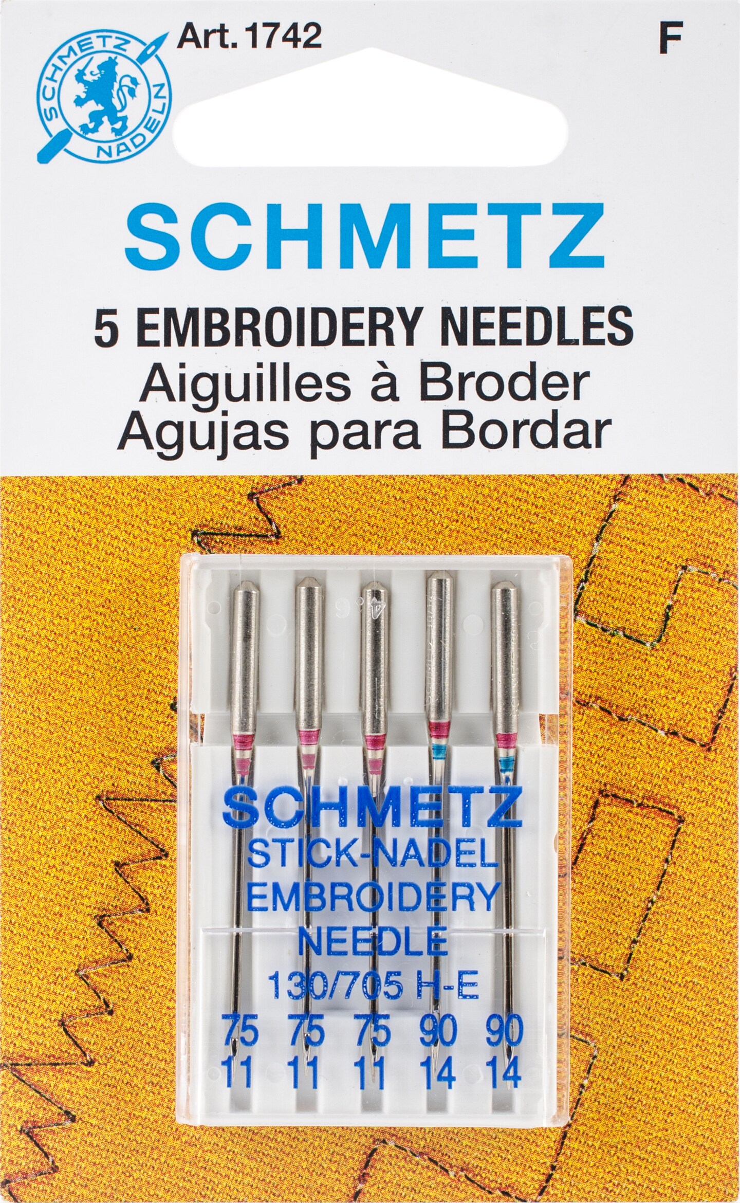 Schmetz Embroidery Machine Needles-Sizes 11/75 (3) & 14/90 (2)