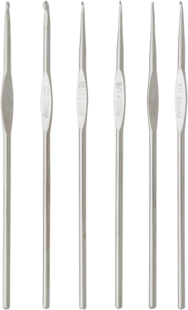 Steel Crochet Hook Set, US Sizes 0, 1, 7, 8, 9, 10, Silver