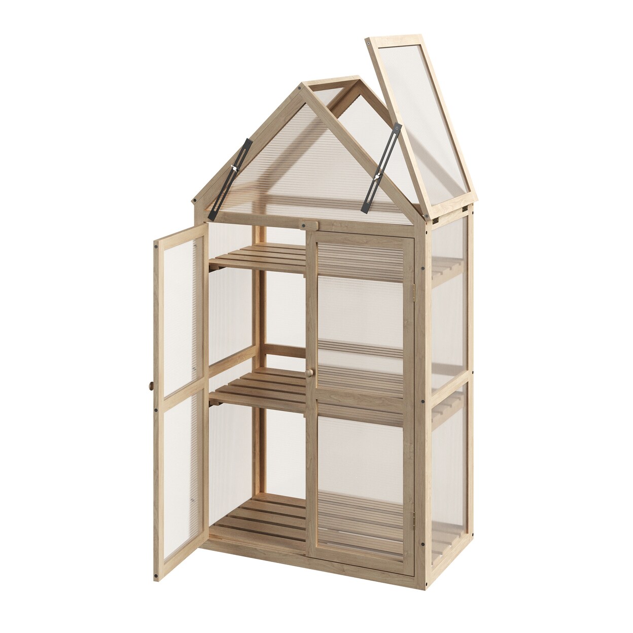 Wood Frame Mini Greenhouse 52 In Indoor Outdoor Polycarbonate Panels Adjustable Shelves