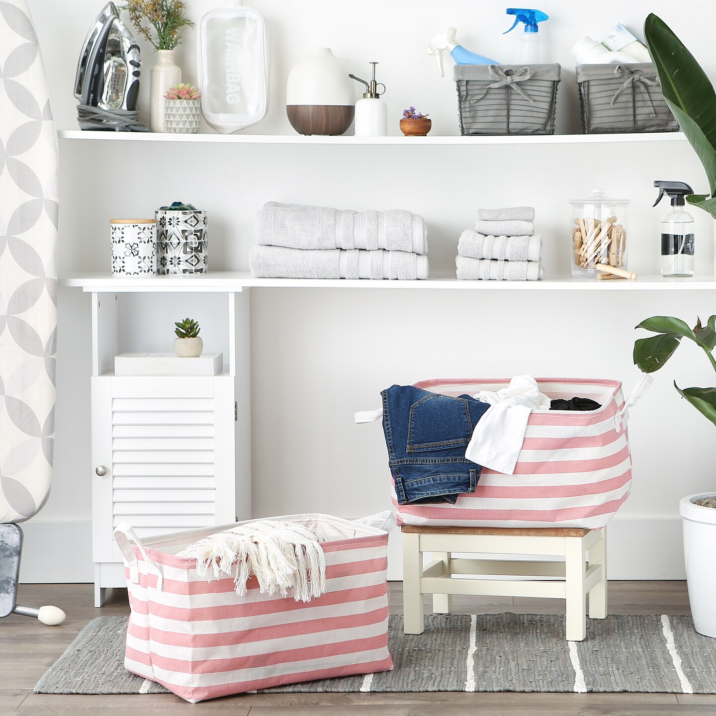 DII PE-Coated Cotton Polyester Laundry Bin Stripe Rose Rectangle Extra Large 12.5x17.5x10.5 (Set of 2)