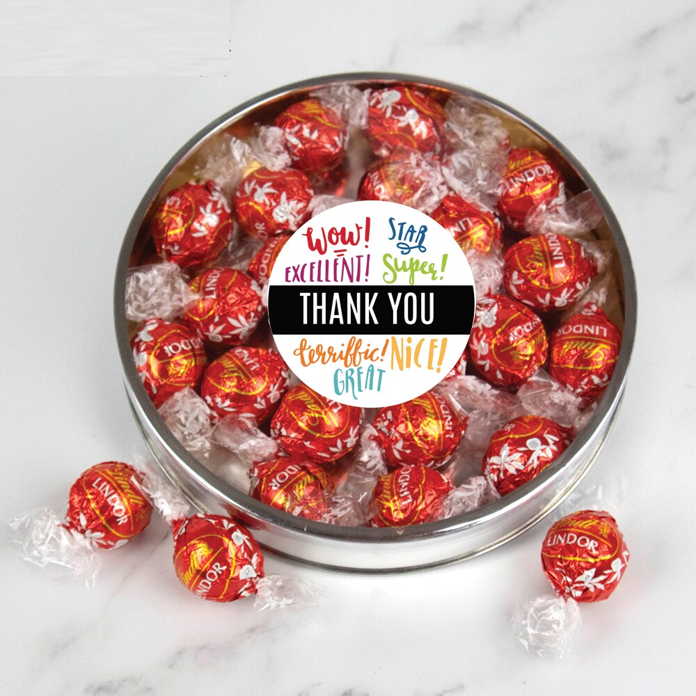 Thank You Candy Gift Tin with Red Chocolate Lindor Truffles by Lindt Large Plastic Tin with Sticker - By Just Candy