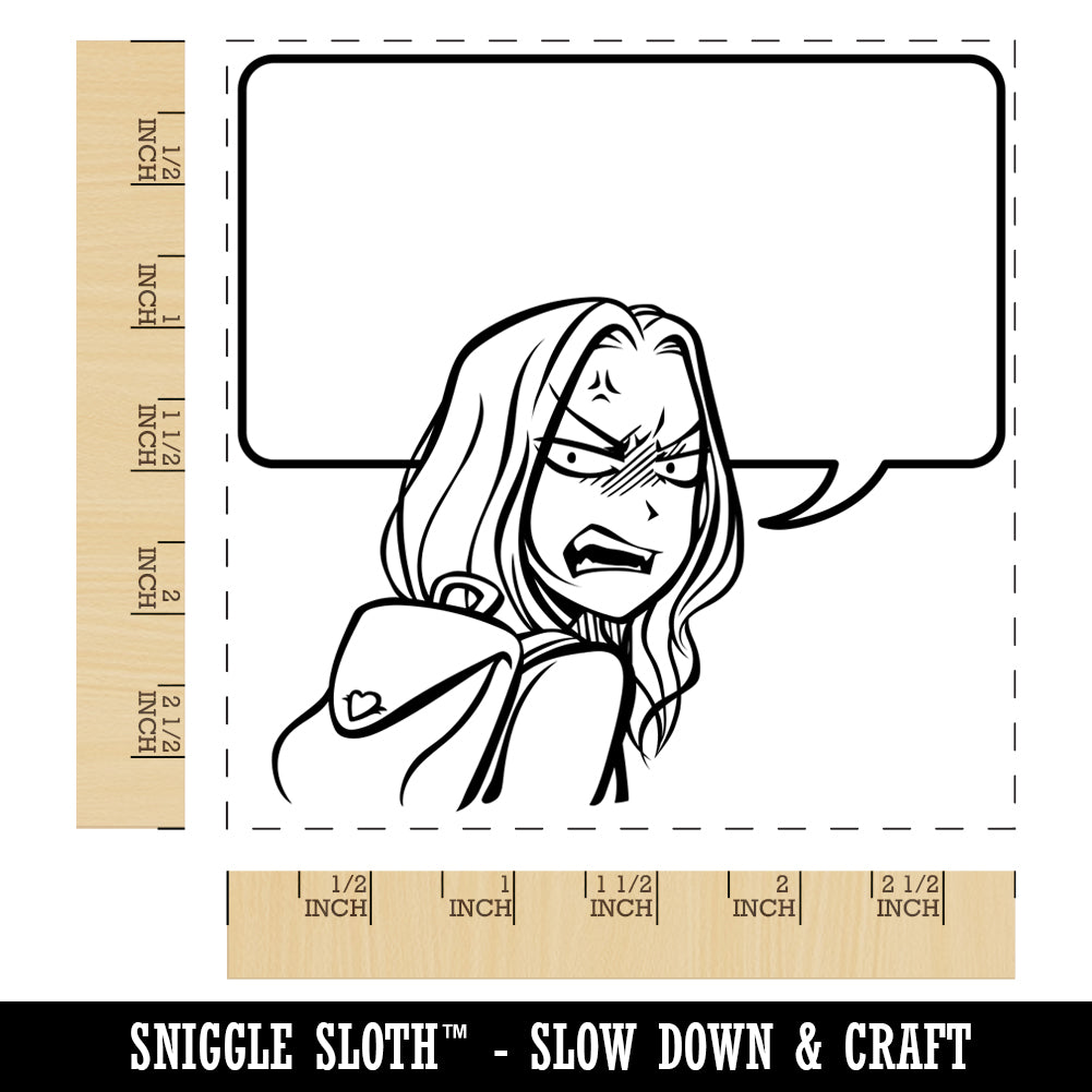 Angry Anime Manga Girl with Empty Speech Bubble Square Rubber Stamp for Stamping Crafting