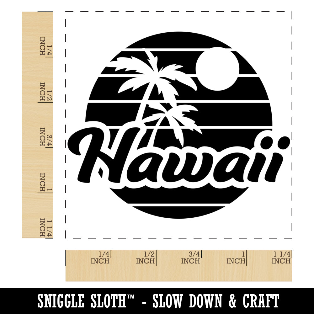 Hawaii Sunset Text with Palm Trees Square Rubber Stamp for Stamping
