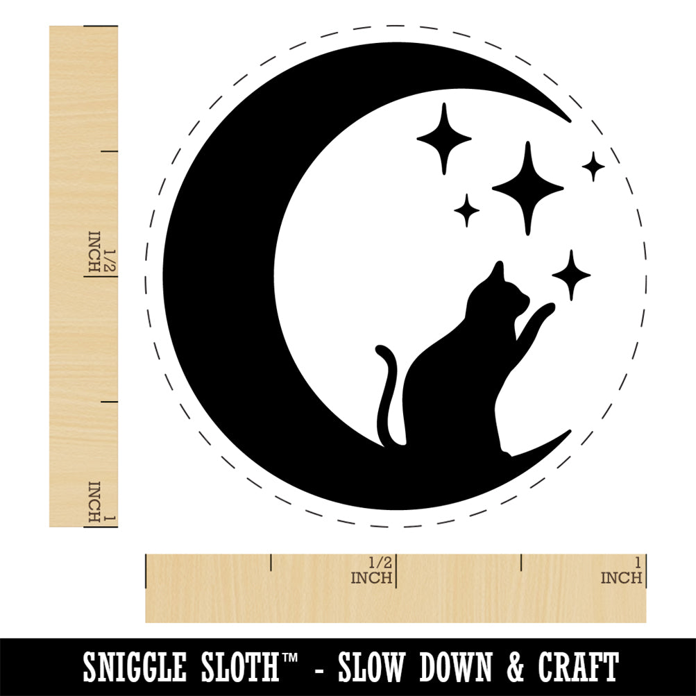 Cat in Moon Playing with Stars Rubber Stamp for Stamping Crafting Planners