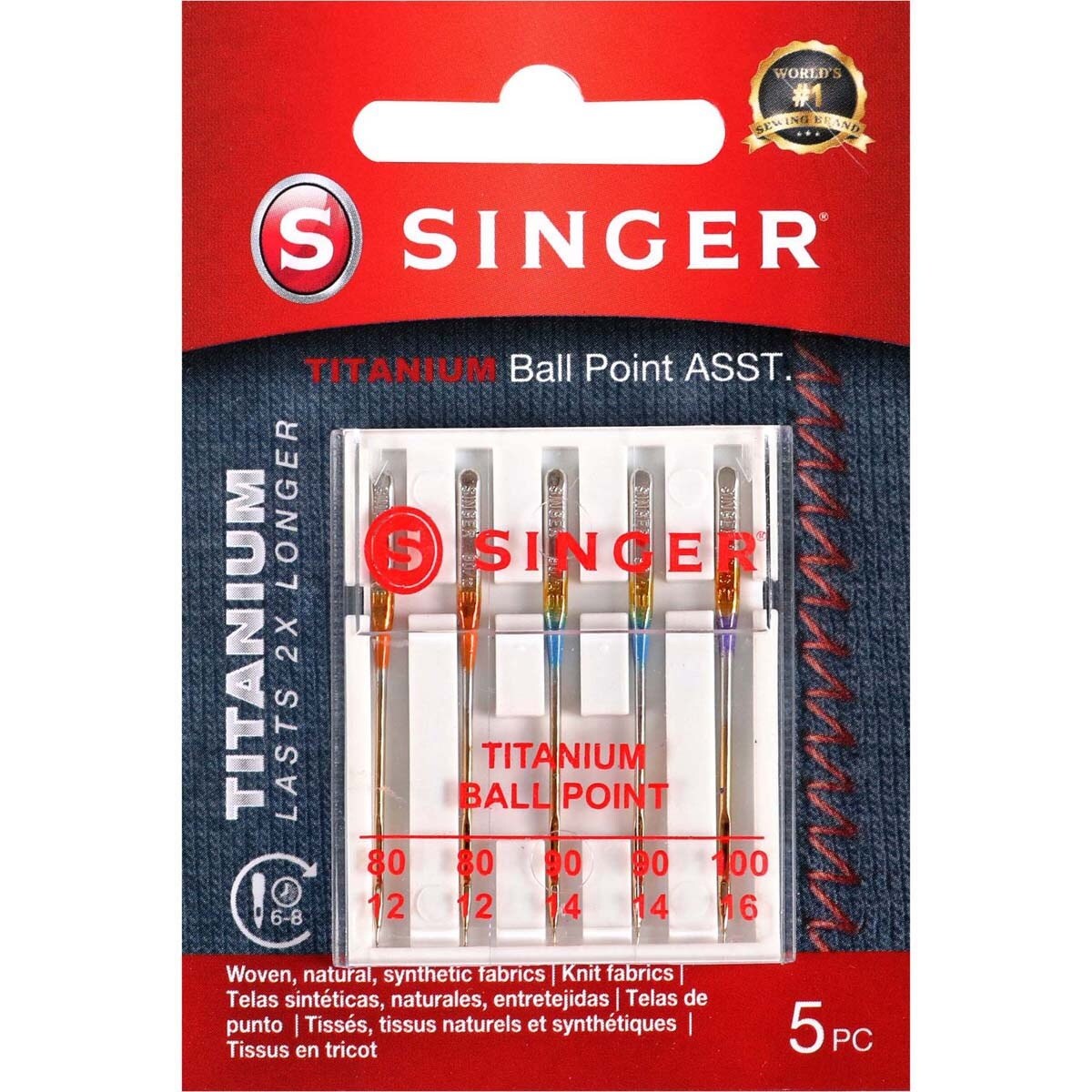 Singer Titanium Universal Ball Point Machine Needles-Sizes 11/80 (2), 14/90  (2) & 16/100 (1)