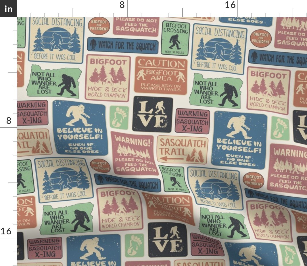 Bigfoot Vintage Sign Folklore Sasquatch Cryptozoology Custom Printed Fabric by Spoonflower Various Fabrics by the Yard or Fat Quarter
