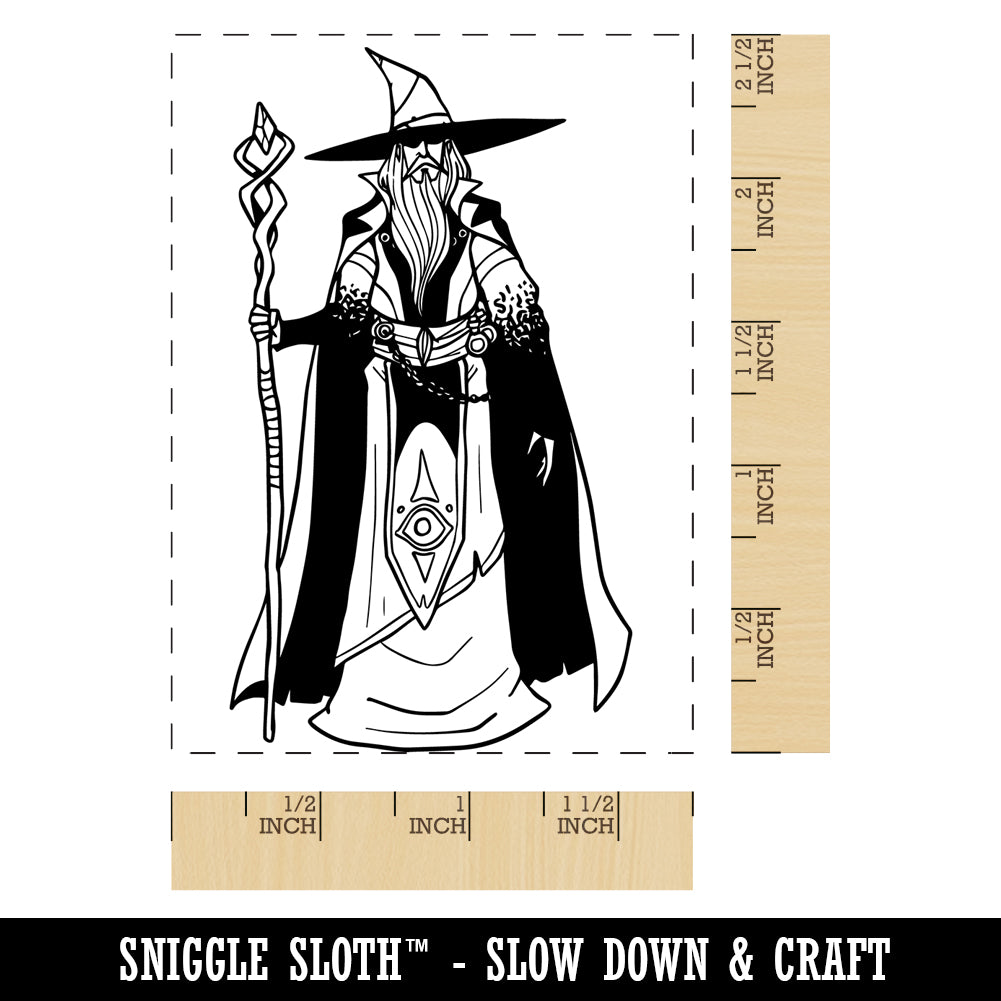 Old Wizard Mage with Cape and Staff Rectangle Rubber Stamp for Stamping Crafting