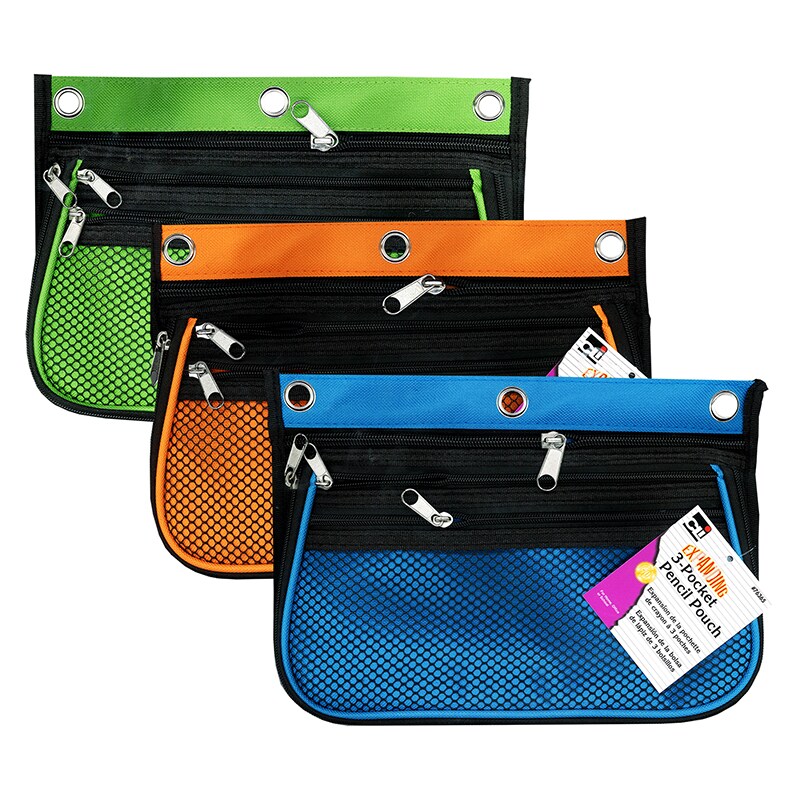 3 Pocket Pencil Pouch, Expanding to 2.25&#x22;, 10.25&#x22;W x 7.25&#x22;H x 2.5&#x22;D - Assorted Colors, Pack of 3