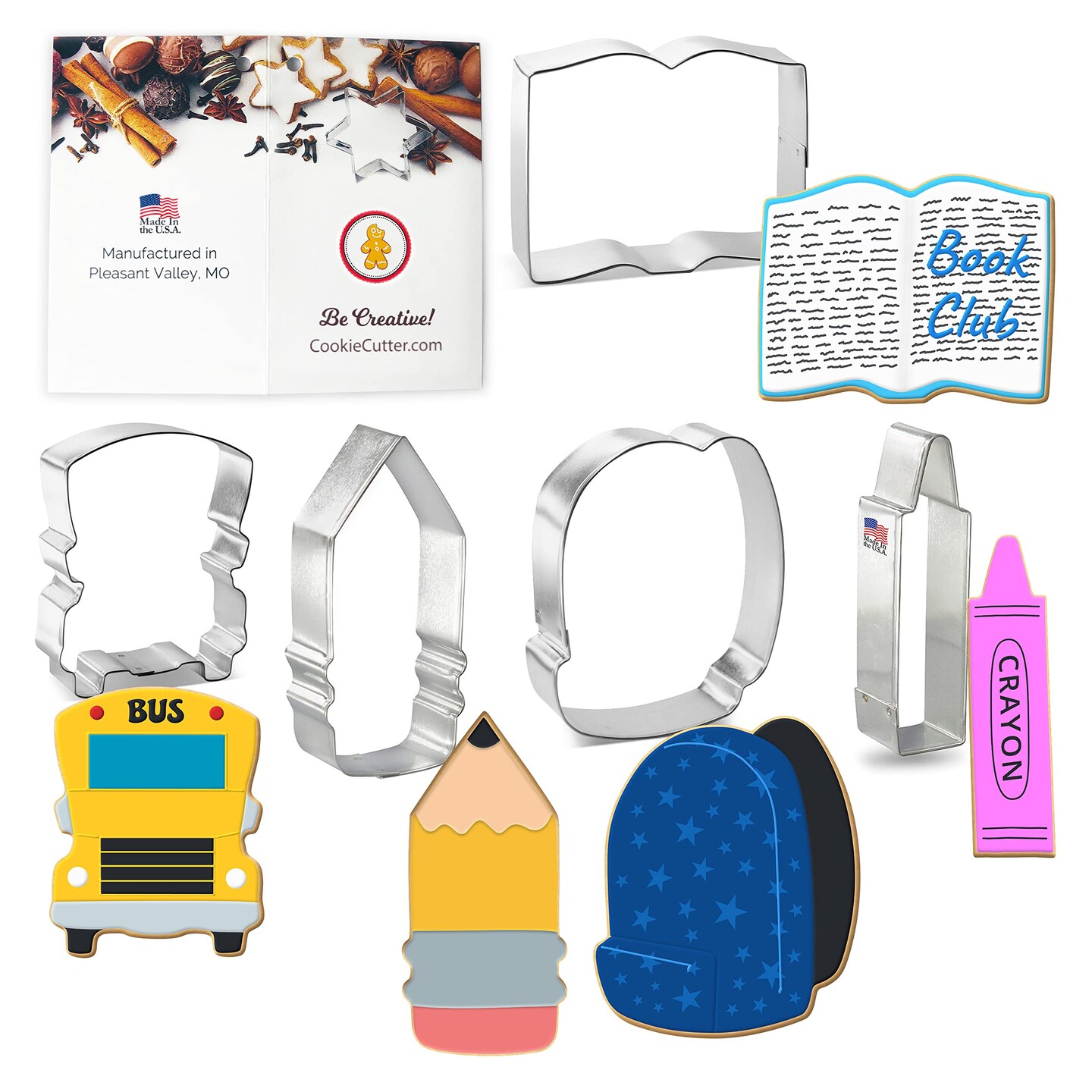 CookieCutter.Com Cookie Cutters 5 Piece Back to School Set 3.75 in Book, 4 in Backpack, 3.5 in School Bus, 4.25 in Crayon, 4.5 in Pencil, USA Made