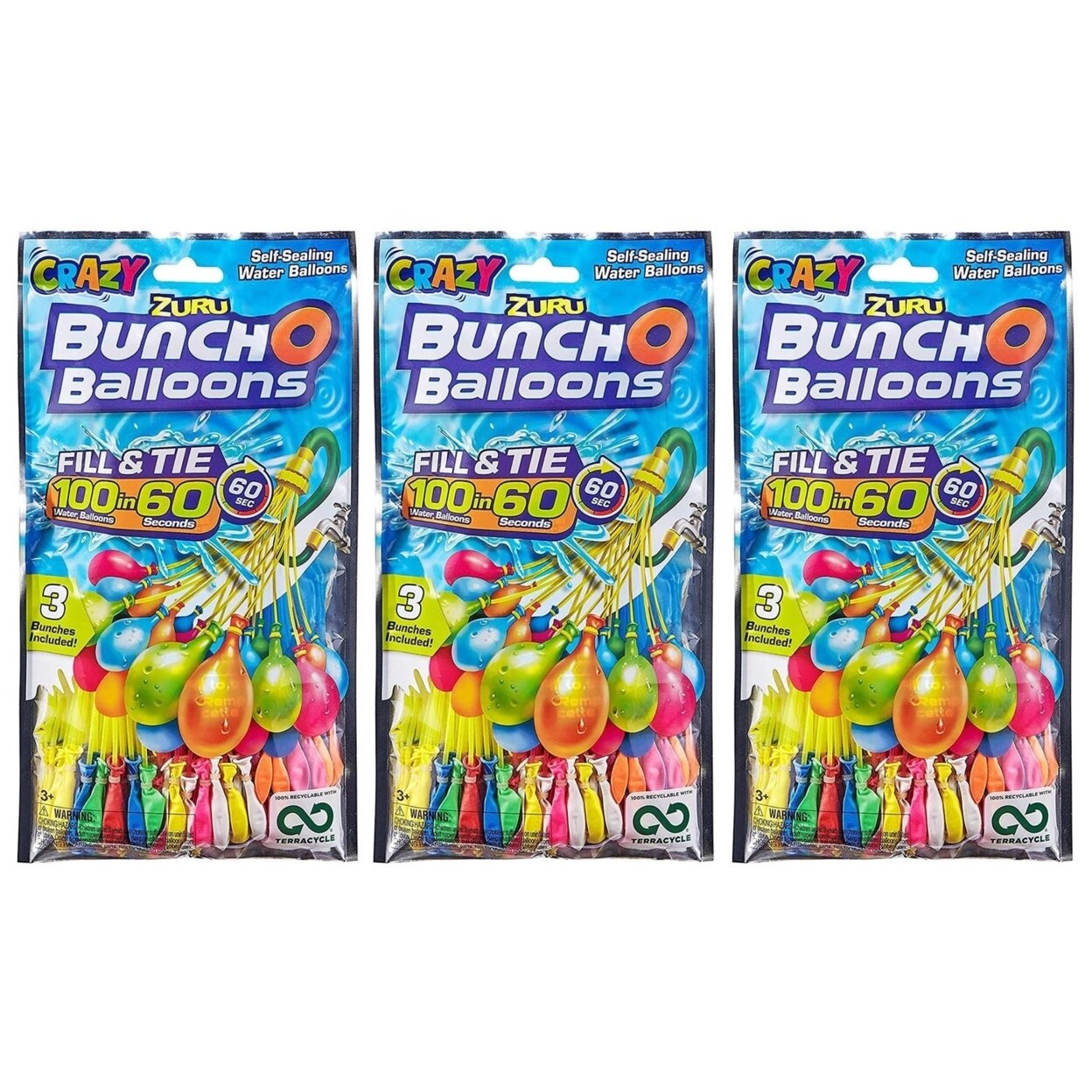 Zuru Water Balloon Rapid Fill and Tie 3pk 300ct Crazy Color Pool Party Battle Fun