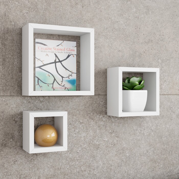 Lavish Home Set of 3 White Floating Shelves- Cube Wall Shelf Set with Hidden Brackets Display Decor Books Photos More