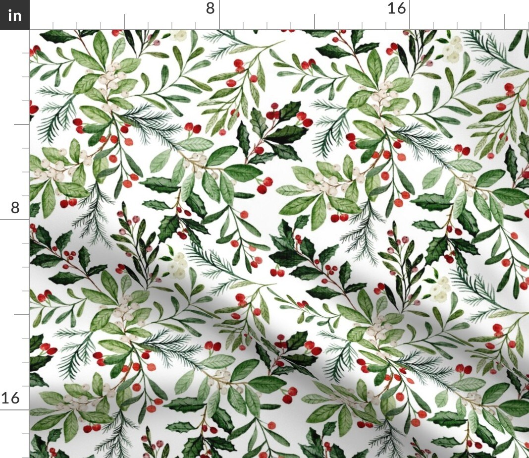 Holly Christmas Florals White Floral Winter Holiday Fall Xmas Custom Printed Fabric by Spoonflower Various Fabrics by the Yard or Fat Quarter