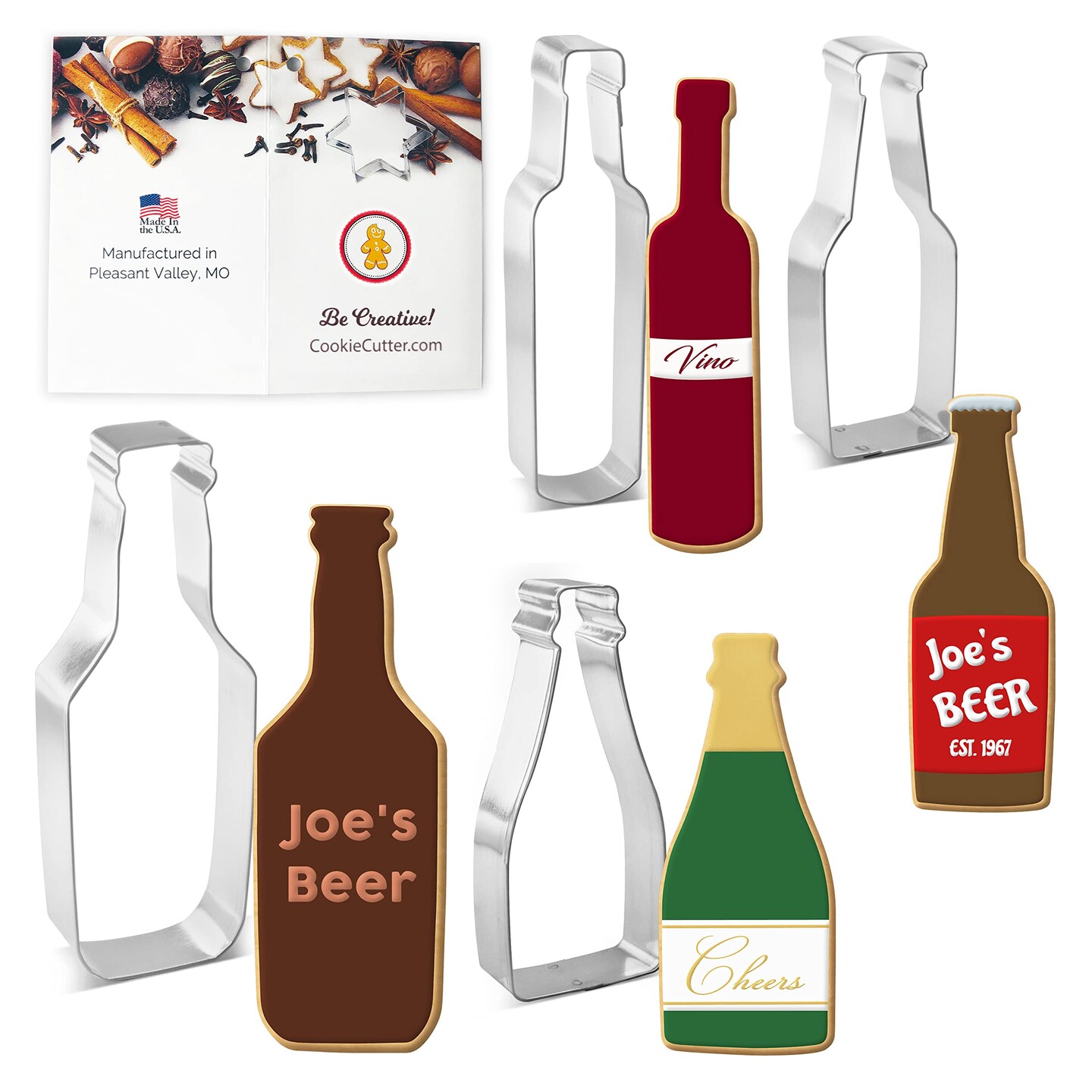 CookieCutter.Com Bottle Cookie Cutter 4 Pc Set HS0464 with Sugar Cookie Recipe Card. USA Made