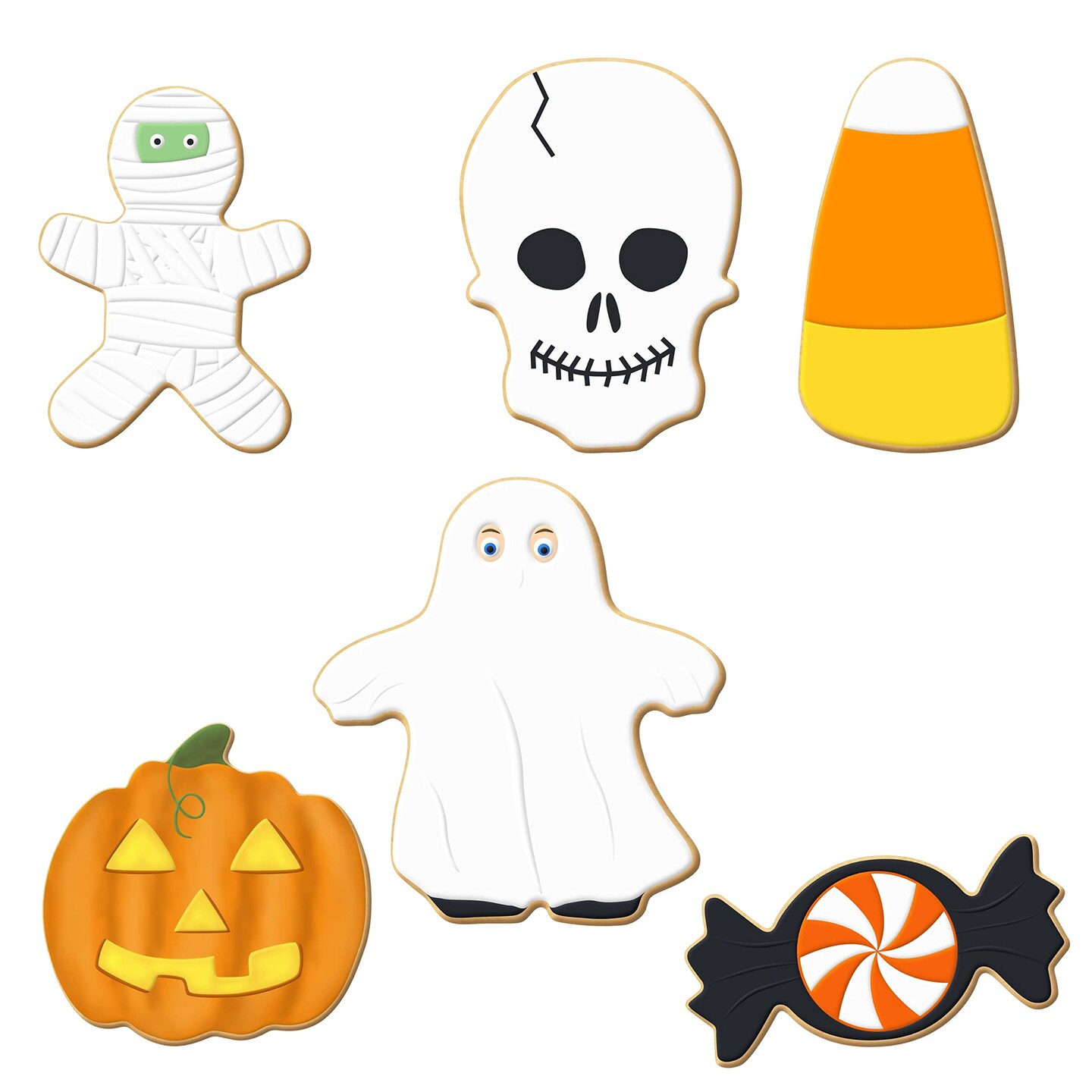 CookieCutter.Com Trick Or Treat Cookie Cutter 6 Pc Set HS0432 - 4 in Candy Corn, 3 in Pumpkin, 3.5 in Mummy Monster, 3.25 in Piece of Candy, 3.25 in Skull, 4.25 in Ghost Trick-or-Treater