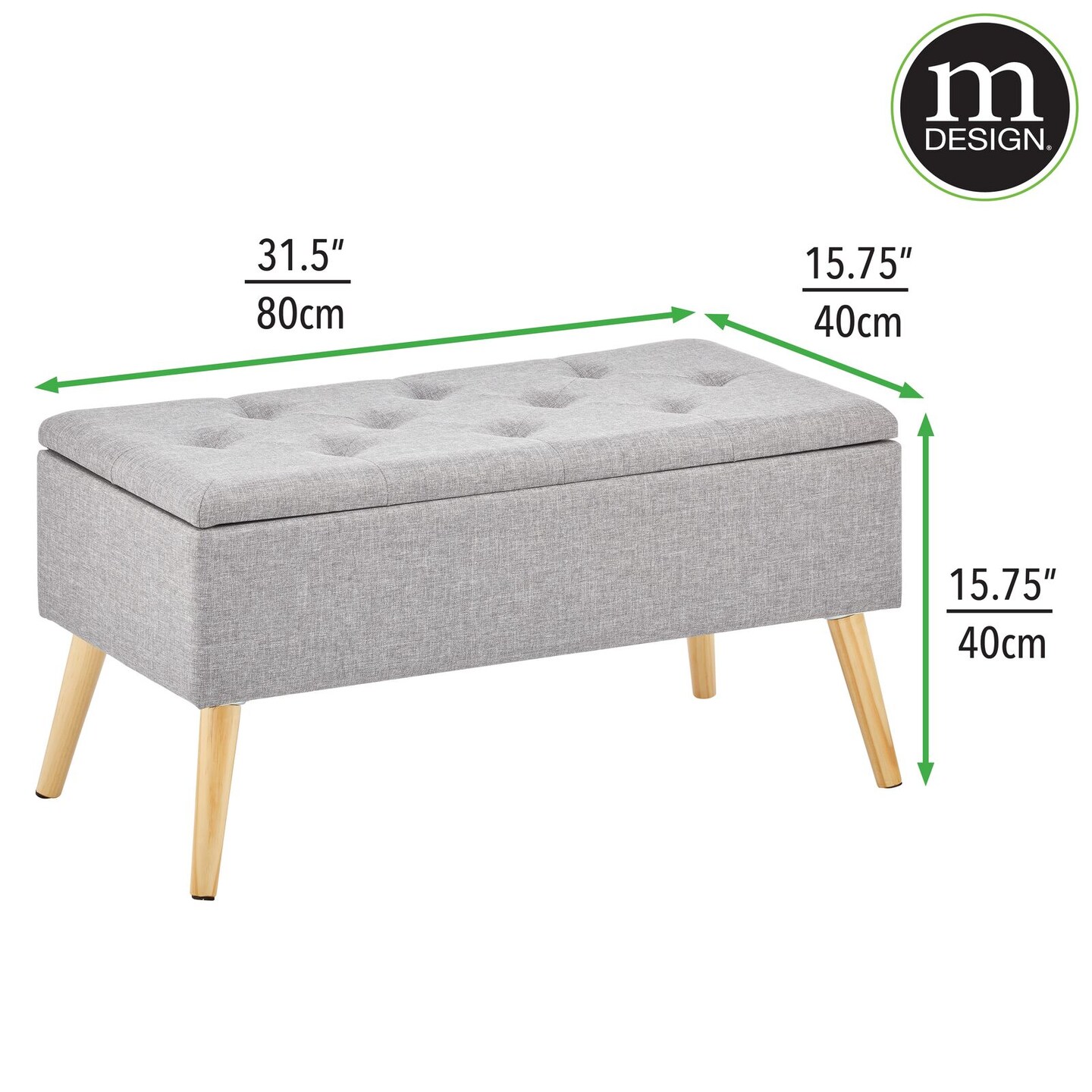 mDesign Long Tufted Rectangle Storage Bench with Hinge Lid, Wood Legs