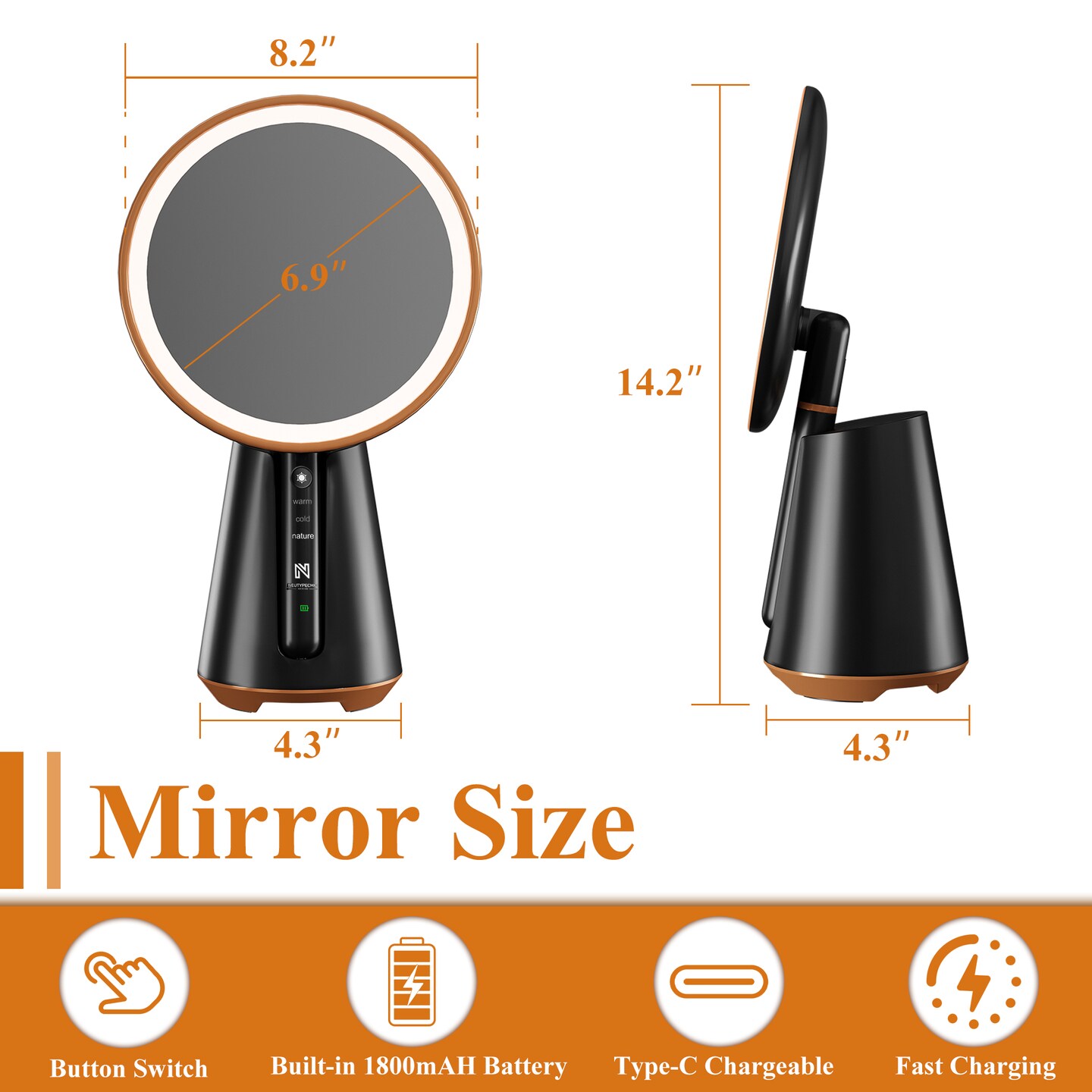 180&#xB0; Rotatable Handheld LED Vanity Mirror with Smart Button