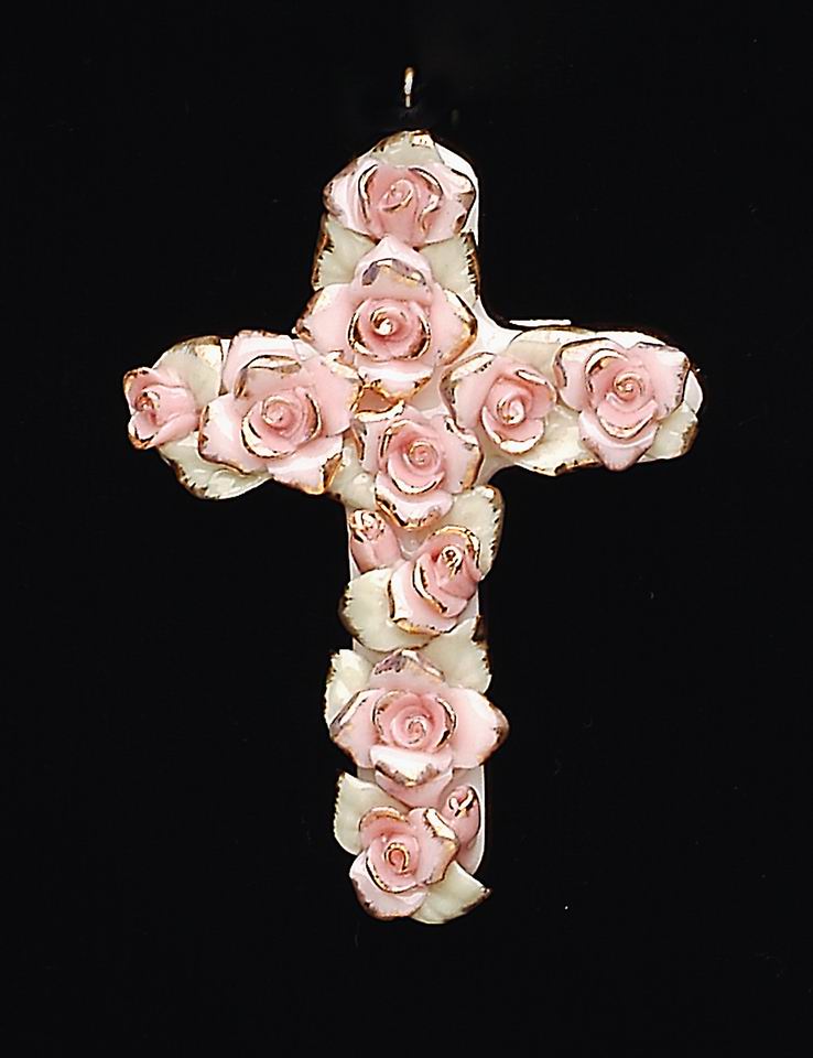 Ceramic Pink Roses Cross Pendant, Religious D&#xE9;cor, Religious Gift, Church D&#xE9;cor, Church Gift, Baptism Gift
