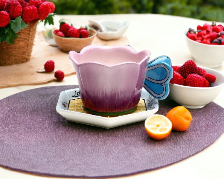Ceramic Flower Teacup and Honeycomb Saucer, Gift for Her, Gift for Mom, Gift for Friend or Coworker, Tea Party D&#xE9;cor, Caf&#xE9; Decor