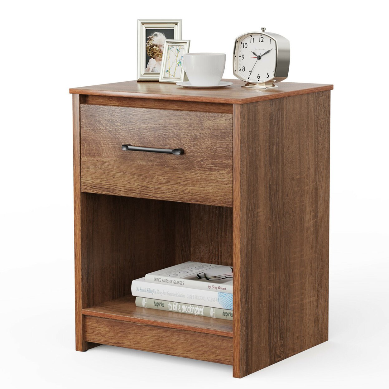 Gymax Nightstand With Drawer Storage Shelf Wooden End Side Table