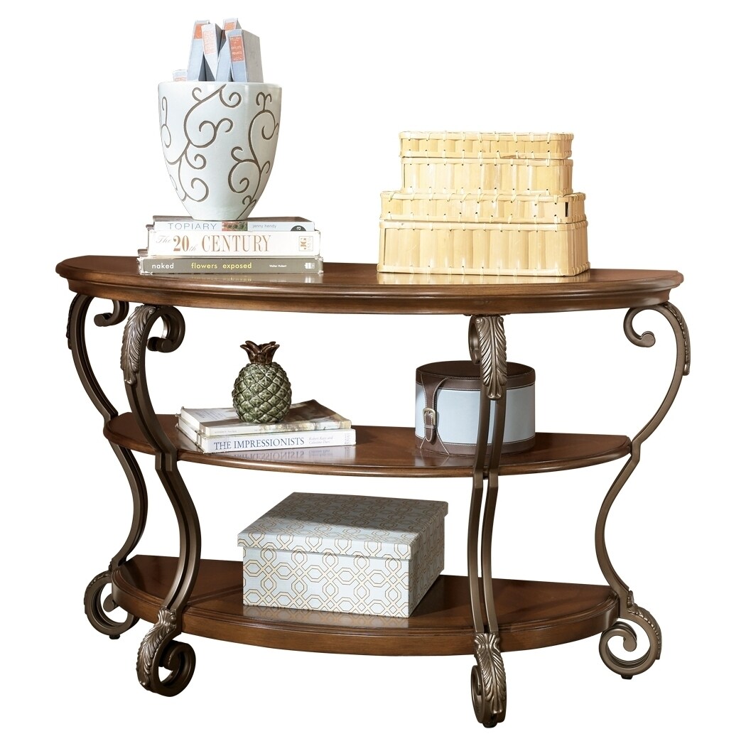 Saltoro Sherpi Wood and Metal Sofa Table with Acanthus Leaf Carvings, Brown and Bronze-