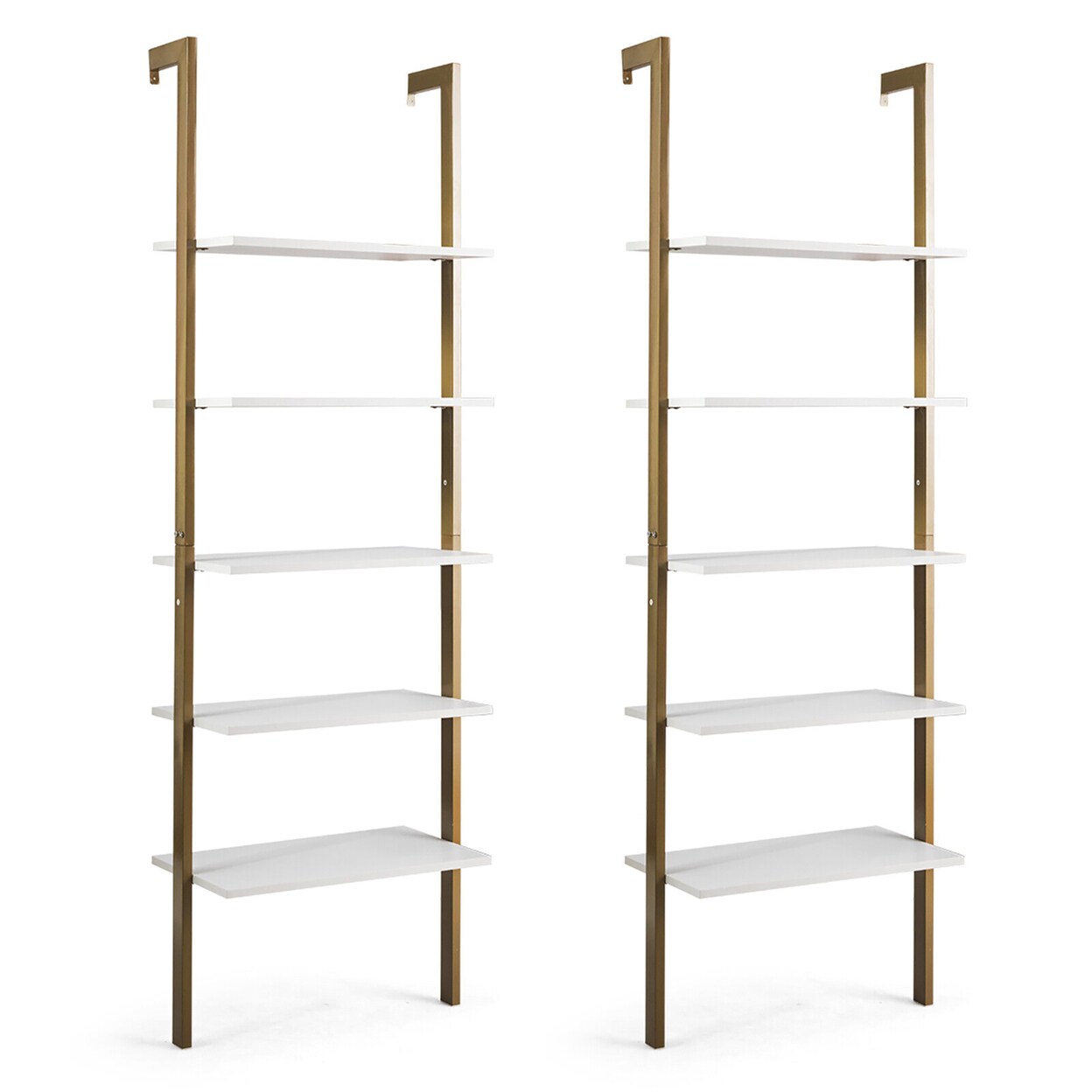 Gymax 2PCS 5-Tier Ladder Shelf Wood Wall Mounted Display Bookshelf Metal Frame