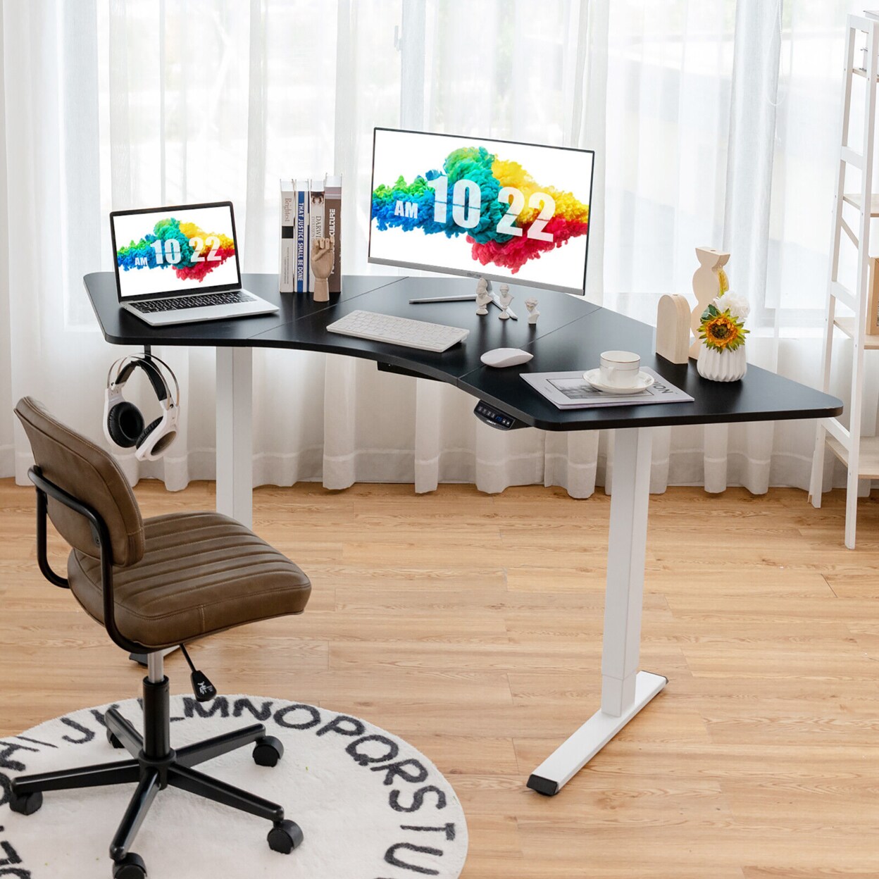 Gymax Dual-Motor L Shaped Standing Desk Ergonomic Sit Stand Computer Workstation White and Black